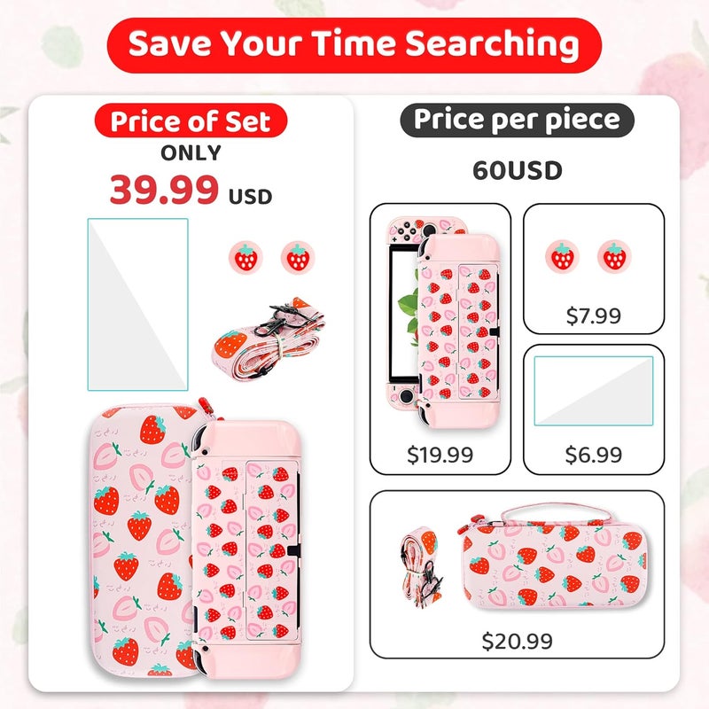 F'DIARY Strawberry Pink Carrying Case for Nintendo Switch OLED, Cute Travel Case Protector for Switch oled Accessories with Strawberry Carry Bag Pink Protective Cover Screen Protector and Thumb Caps - Image 4